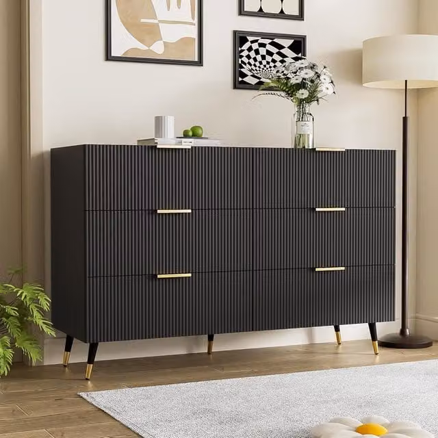 Aosom UK 6-Drawer Minimalist Sideboard with Wave-Textured Front and Metal Handles in Black and Gold, W/D/H: 120 x 40 x 77 cm