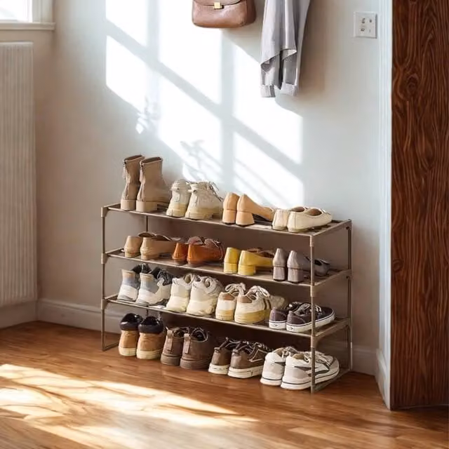 Pirlo Plush 3 Tier Metal Shoe Rack with Open Shelves in Walnut Brown – 1