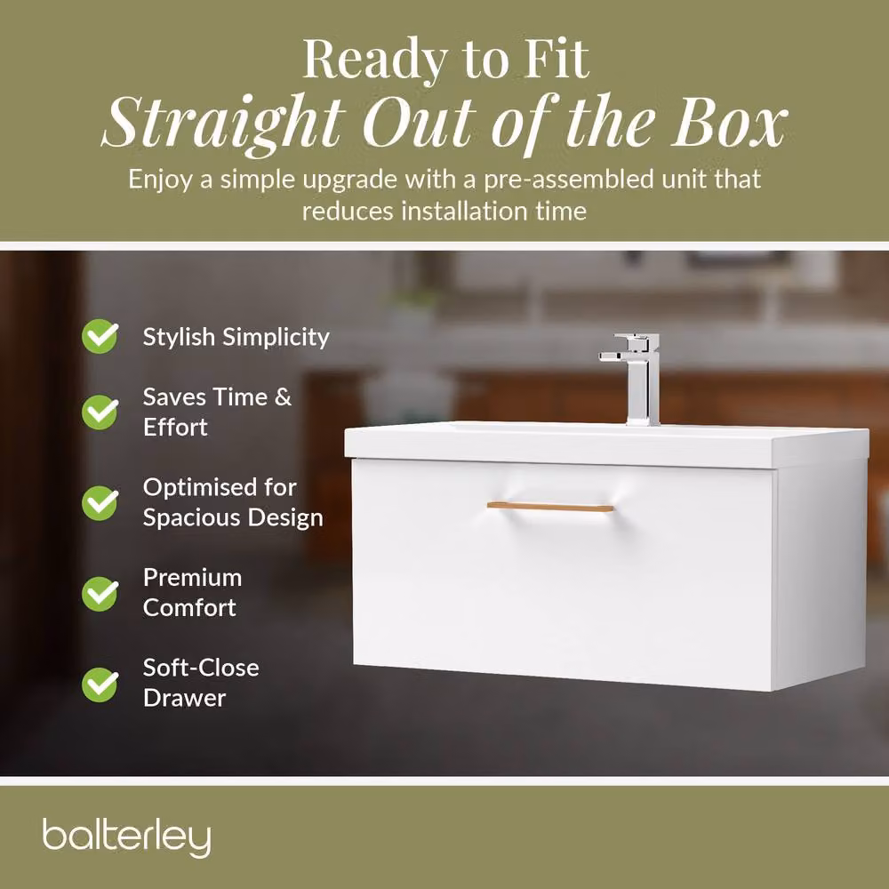 Balterley Gloss White Wall Hung 1 Drawer Vanity Basin Unit with Copper Handle, Width: 80 cm – 4