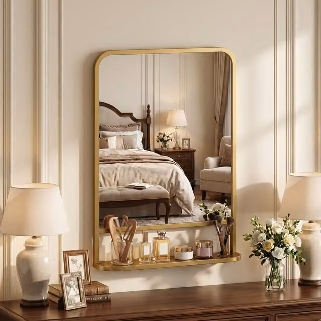 HOMCOM Modern Square Wall Mirror with Storage Shelf in Gold Tone, 50 cm