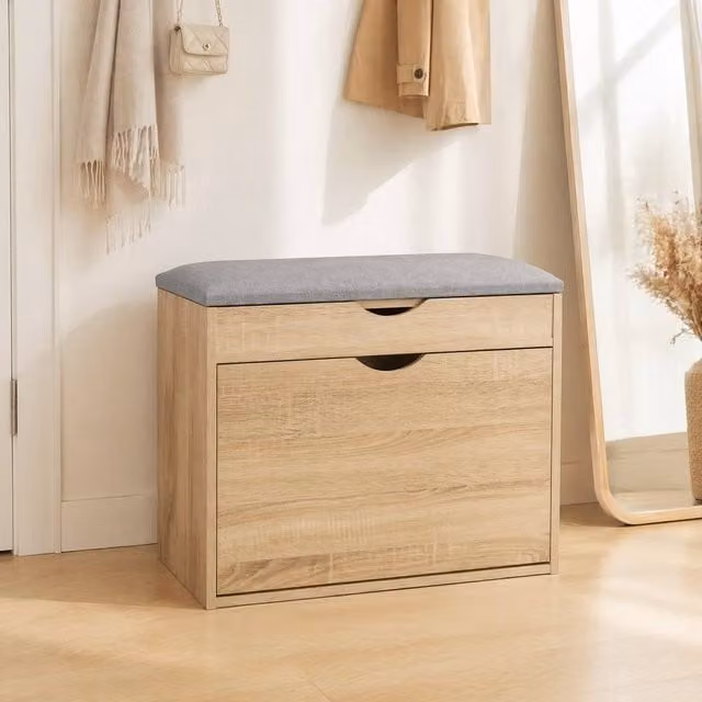 STILVORA Shoe Bench with Padded Fabric Seat and Hidden Storage in Sand