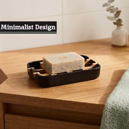 Orsina Modern Bamboo Soap Dish with Drainage and Removable Insert, Grey and Black, W: 13 cm, D: 9 cm, H: 3 cm – 3