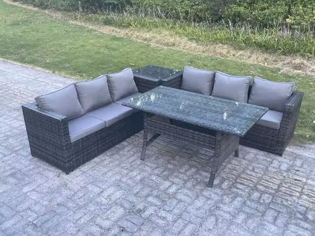 Fimous 6 Seater PE Wicker Rattan Garden Furniture Set with Rectangular Dining Table and Side Table in Dark Grey