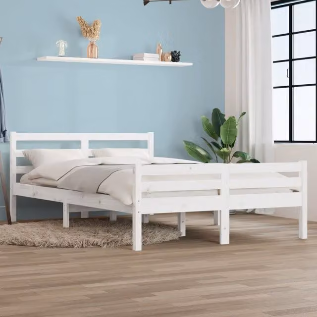 Berkfield Home White Solid Pine Wood Bed Frame W: 140 cm, L: 200 cm