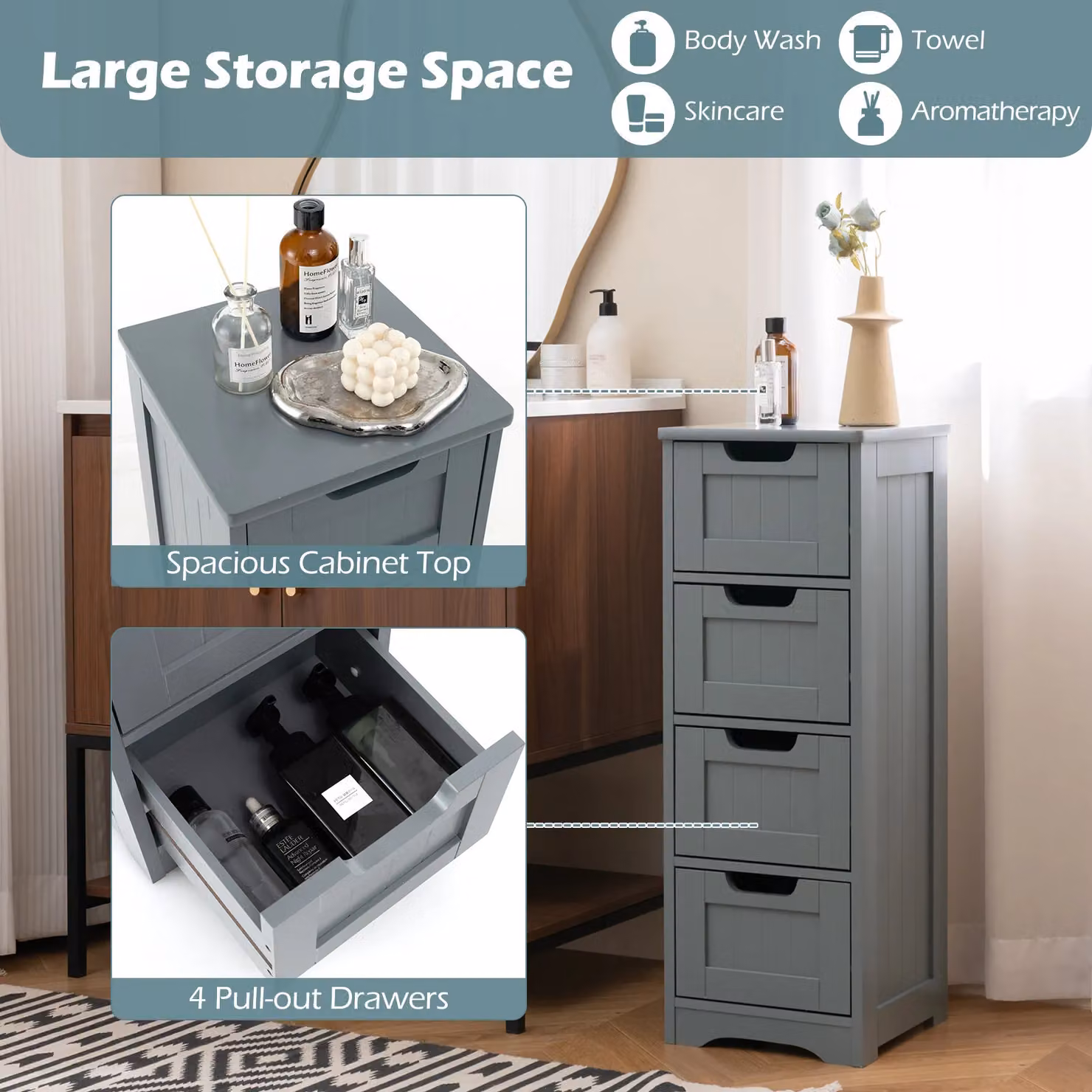 Costway Grey Freestanding Bathroom Storage Cabinet and Side Table Organizer – 5