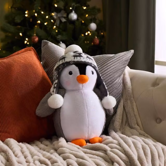 OHS Grey Plush Christmas Penguin Shaped Scatter Cushion, W/D/H: 35 x 20 x 20 cm