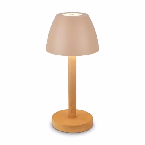 Briloner Rechargeable LED Table Lamp in Beige Wood, Dimmable Touch Control, IP44 Cordless Outdoor Light, W/D/H: 13.5 x 13.5 x 30.0 cm