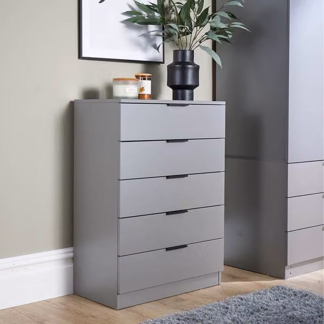 Home Source Phoenix 5 Drawer Bedroom Storage Chest in Grey