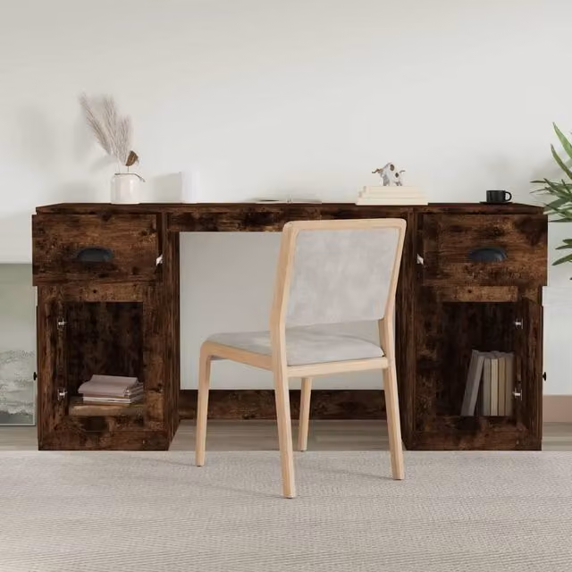 Berkfield Home Elegant Desk with Cabinet in Smoked Oak Brown Engineered Wood