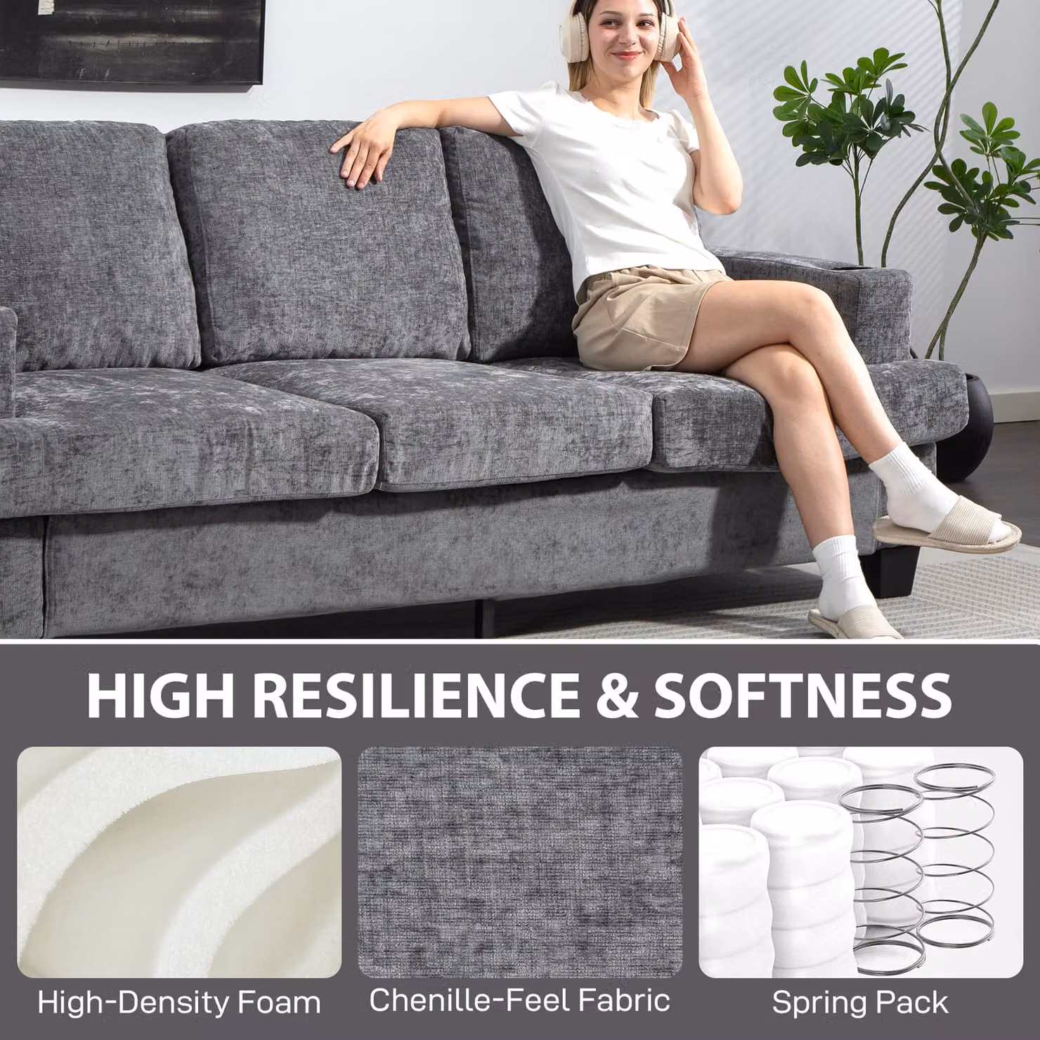 HOMCOM 3 Seater Grey Fabric Sofa with USB Charging Ports, Cup Holders and Removable Covers – 5