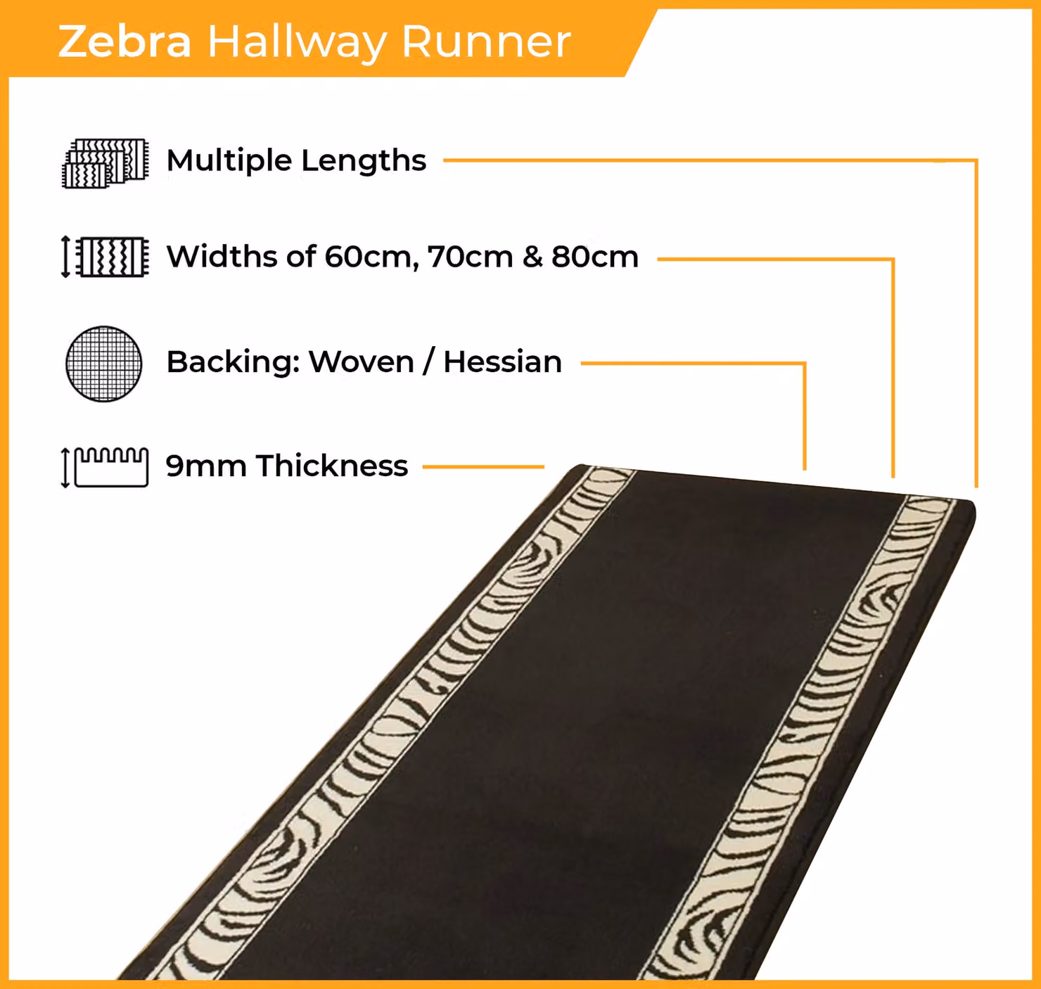 runrug Zebra Animal Print Hallway Carpet Runner Rug in Black, W: 70 cm, L: 180 cm – 2