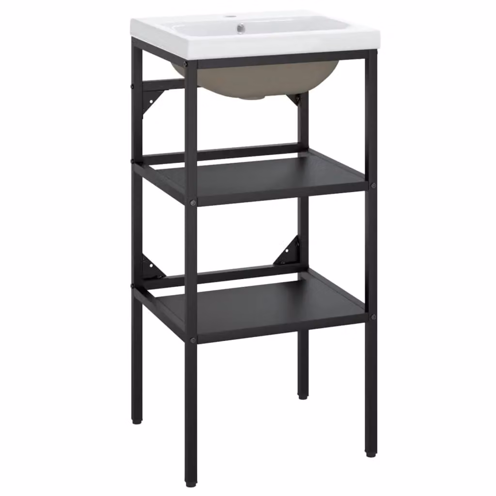 Berkfield Home Modern Bathroom Washbasin Frame with Built-in Ceramic Basin in Matt Black Metal – 2
