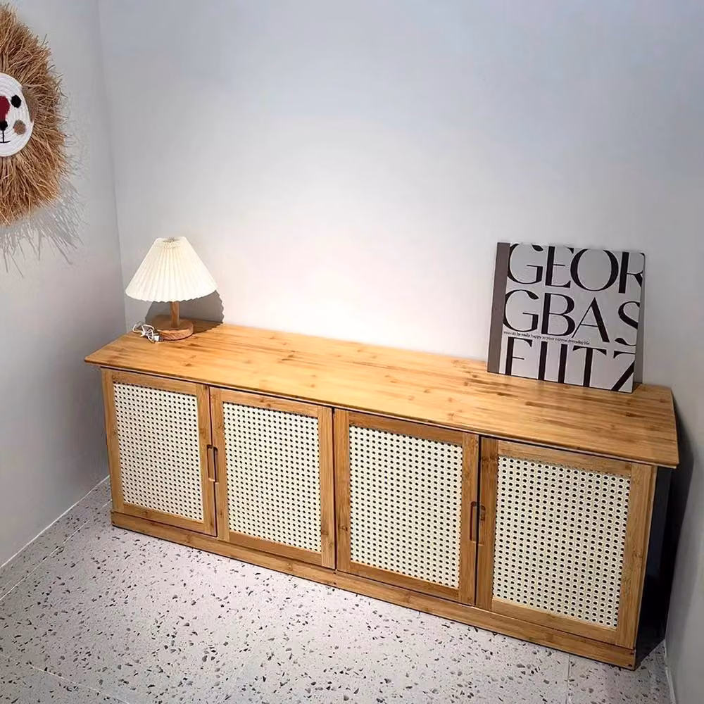 KORVIXA Brown Wooden Shoe Cabinet and Storage Bench with Rattan Detail, Width: 100 cm – 3
