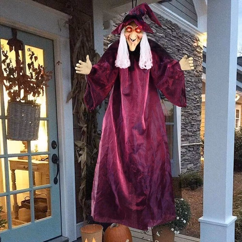 SPETLEK Halloween Hanging Animated Talking Spooky Witch in Purple, H 100 cm x W 60 cm – 5