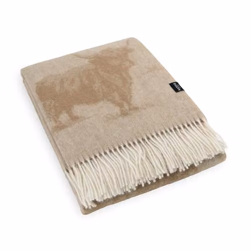 Simply Sheepskin Highland Cow Beige Jacquard Woven New Zealand Wool Blanket, W: 140 cm, D: 200 cm – 1