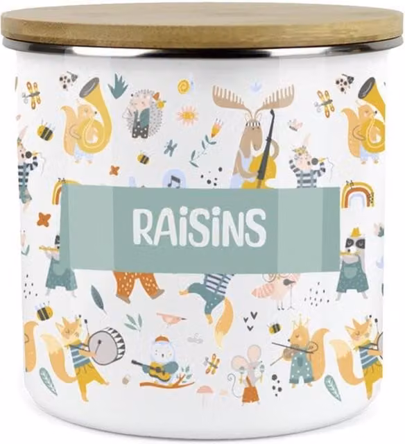 Purely Home Musical Animals Childrens Mini Snack Pot with Raisins in Blue and Multicolour Enamel Metal