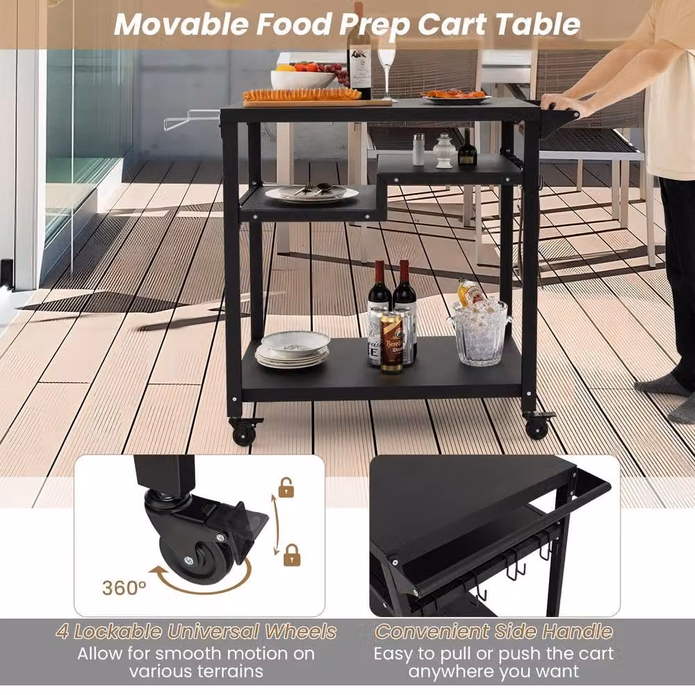 Costway Black Metal Outdoor BBQ Cart and Pizza Oven Table with 3 Shelves, W/D/H: 111.0 x 50.0 x 75.0 cm – 3