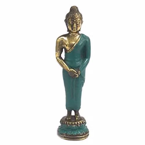 KDMD Gold Metal Standing Buddha Tabletop Ornament, Height: 17.5 cm
