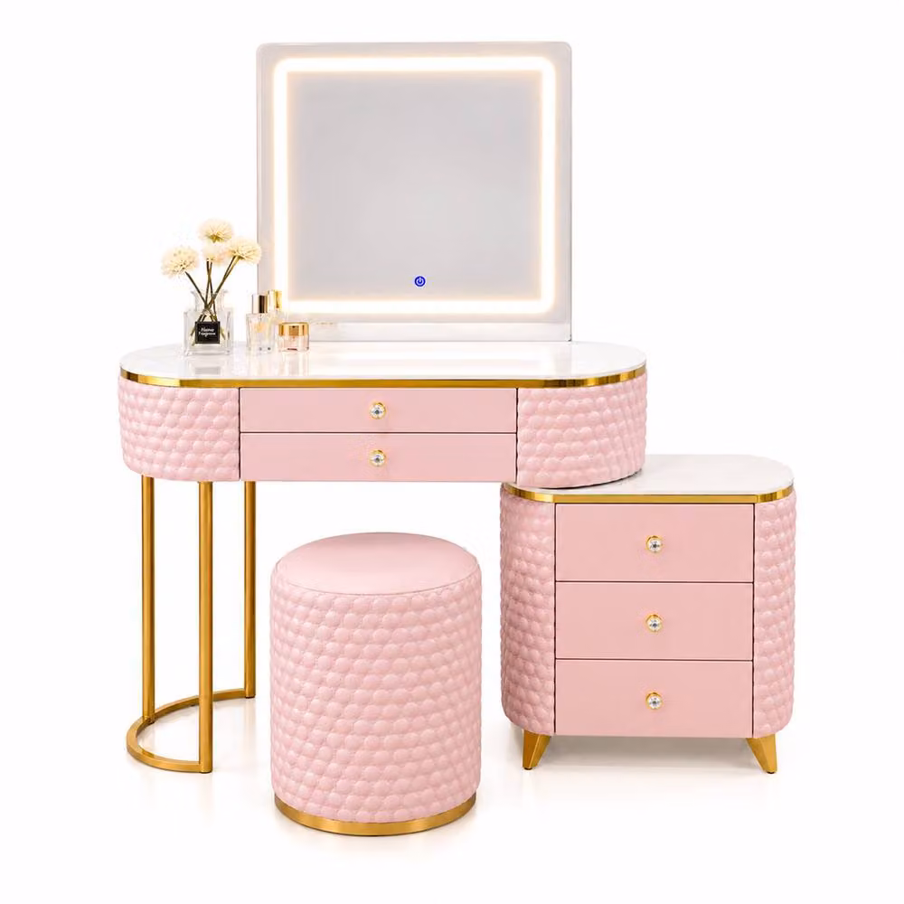 MN Furniture Modern Luxury Pink Dressing Table with LED Mirror, Stool and Cabinet, Width: 130 cm – 2