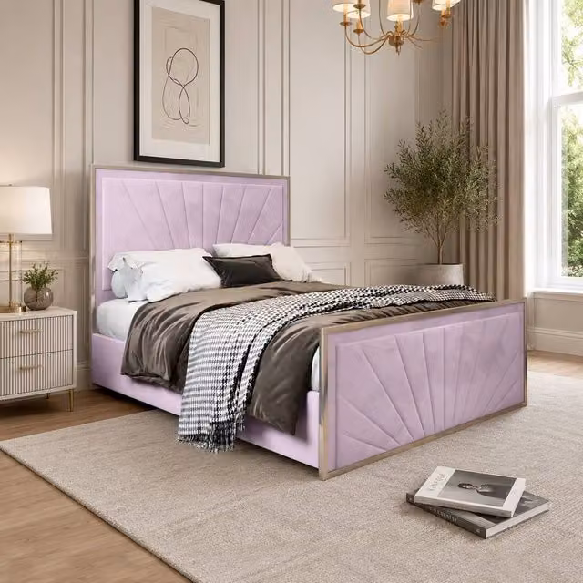 Casani Somerford Upholstered Velvet Designer Bed Frame in Pink, W/D/H: 137 x 120 x 200 cm – 1