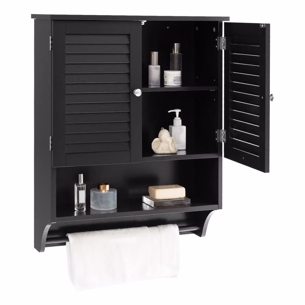 Costway Wall-mounted Black Bathroom Cabinet with Double Hinged Doors and Internal Shelves – 4