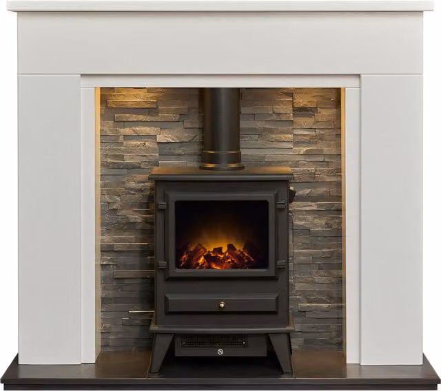 Acantha Rimini White Marble Fireplace with Hudson Black Electric Stove