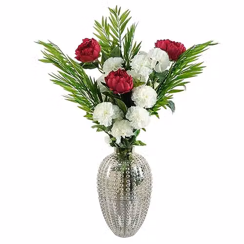 Leaf Design Mixed Floral Artificial Flower Display with Round Glass Vase in Grey, Pink and White, H 85.0 cm x W 55.0 cm x D 55.0 cm