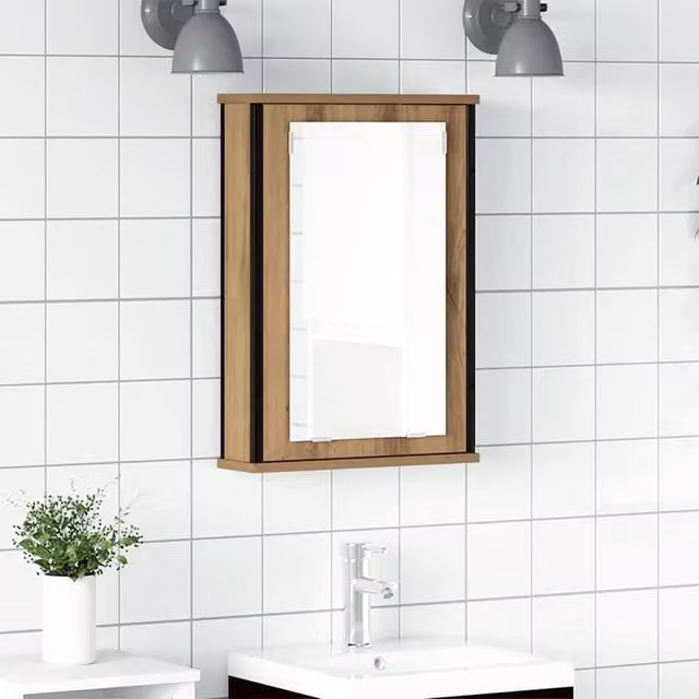 Berkfield Home Artisan Oak Bathroom Mirror Cabinet, Brown, W/D/H: 42 x 12 x 60 cm – 1