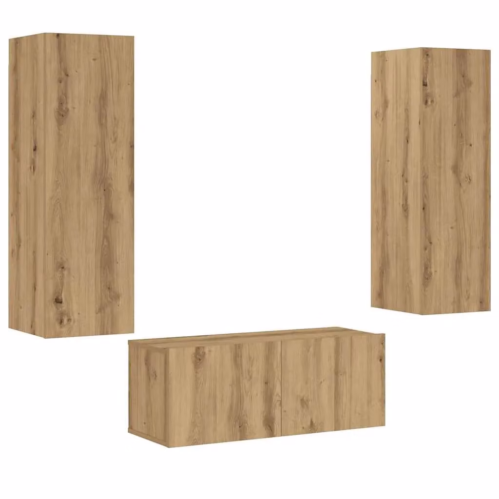 Berkfield Home Artisan Oak Wall Mounted TV Cabinets, 3 Piece Set in Brown Matt Engineered Wood – 1