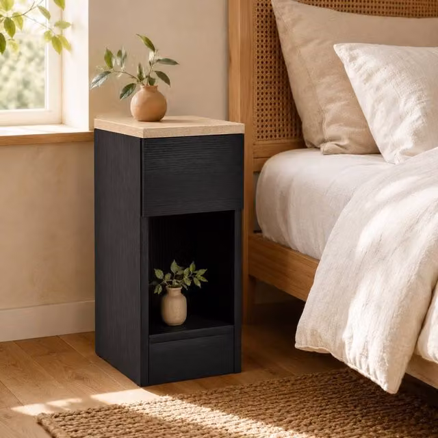 STILVORA Modern Black Bedside Table with Drawer and Shelf