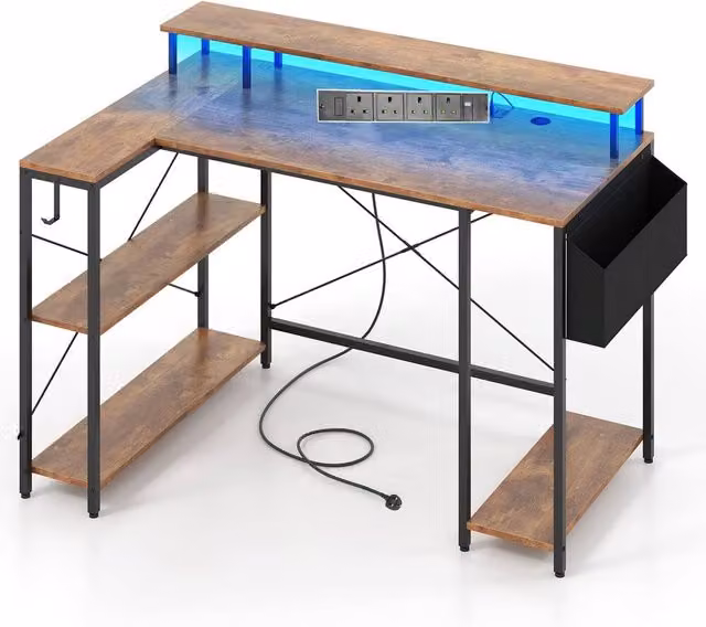 Gymax L-Shaped Gaming Desk with LED Lights in Brown