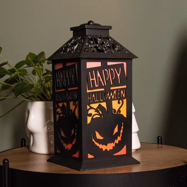 Samuel Alexander Black Happy Halloween Light Up Lantern Decoration with Multi-Coloured LEDs, Height: 29 cm – 1