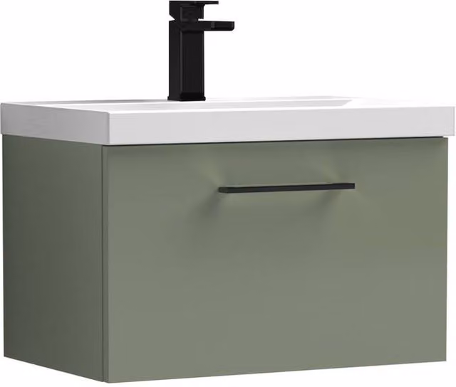Balterley 600mm Wall Hung 1 Drawer Vanity Basin Unit in Satin Green with Black Handle