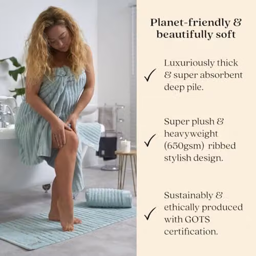 Misona Organic GOTS Cotton Ribbed Bath Towel, Blue, W: 70 cm, L: 125 cm – 3