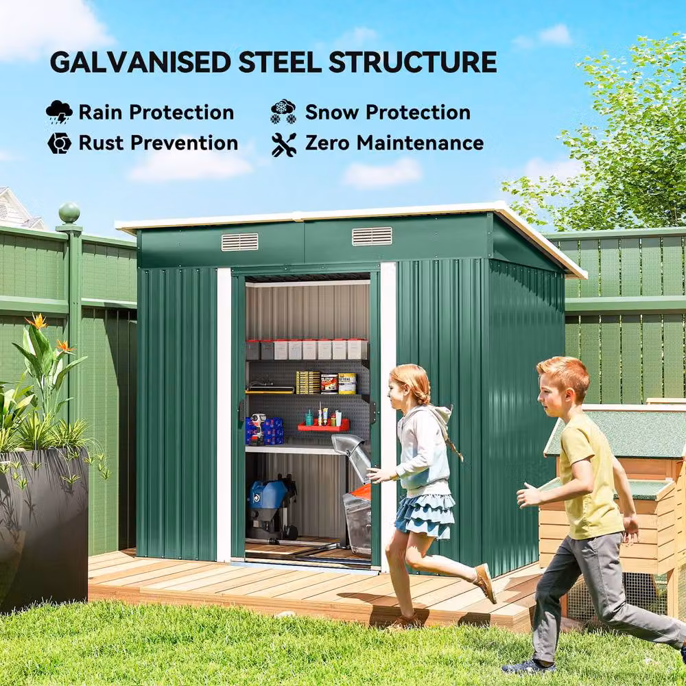 OUTSUNNY Green Steel Pent Outdoor Garden Storage Shed with Sliding Doors and Side Vent – 4