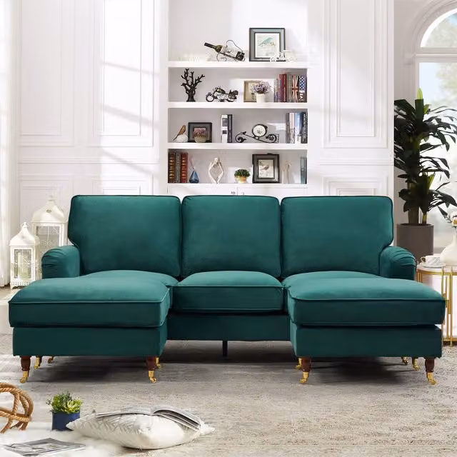 Artemis Home Woodbury U-Shaped Reversible Velvet Fabric Corner Sofa with Matching Ottoman, Green, Width: 218 cm