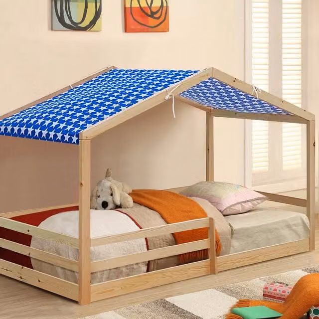 Comfy Living Single Wooden House Style Childrens Bed with Blue Fabric Tent, Natural Wood, W/D/H: 90 x 190 cm