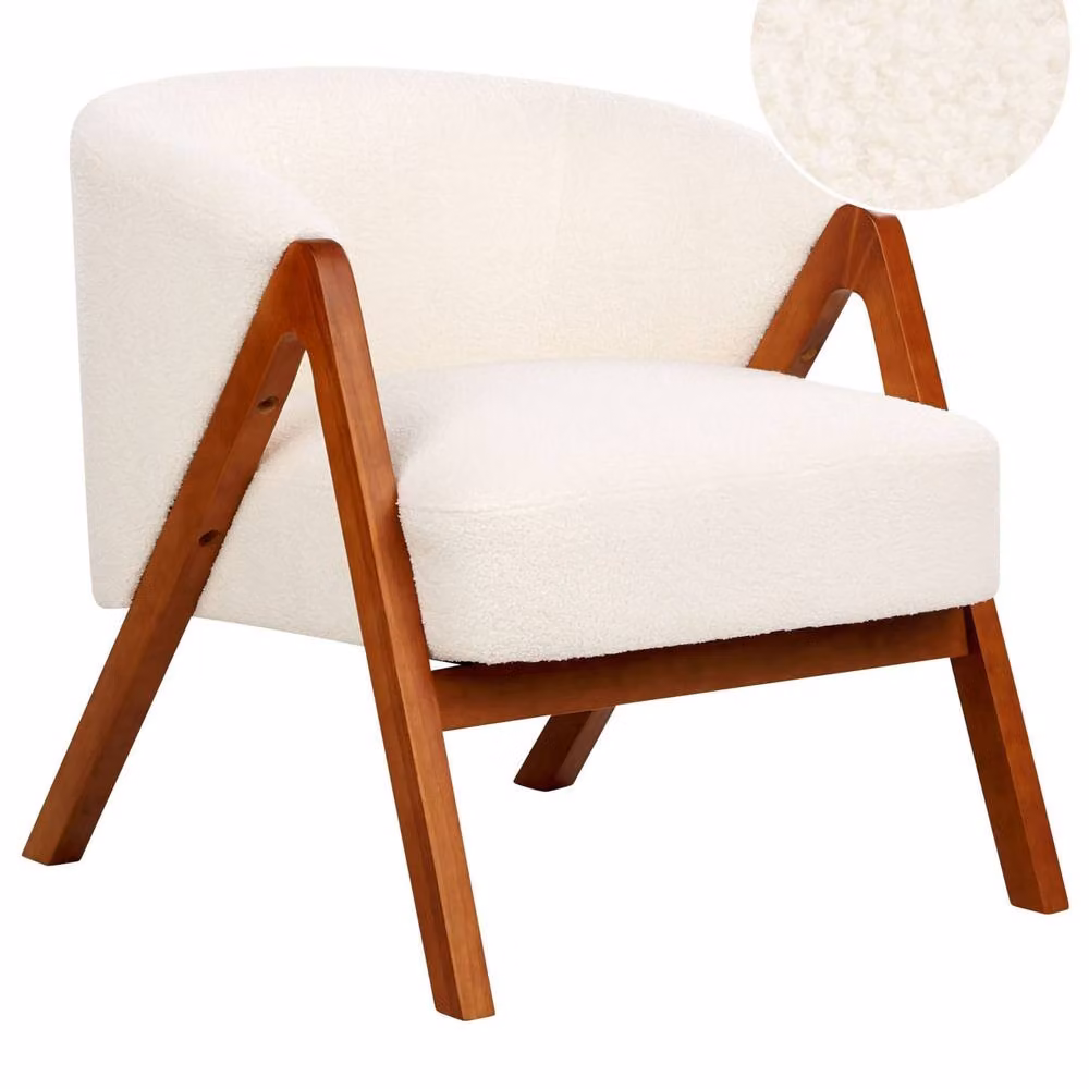 Wyld and Coco White Bouclé Tub Armchair with Rubberwood Legs – 2