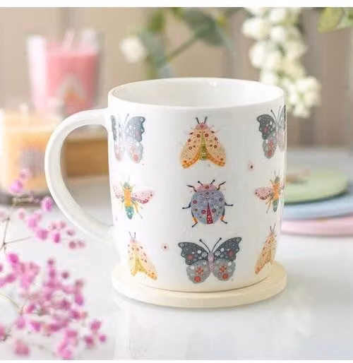 KDMD Floral Bug Print Ceramic Mug in White, 350 ml