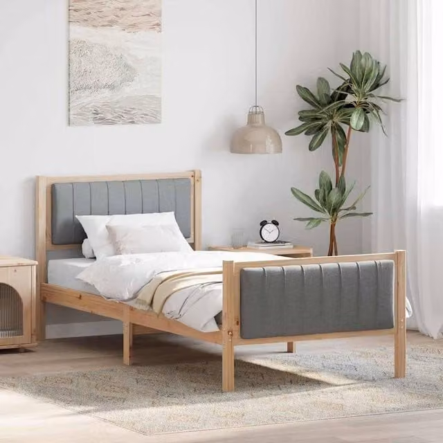 Berkfield Home Modern Upholstered Bed Frame in Brown and Light Grey, Solid Pine Wood, W/D/H: 90 x 200 cm – 1