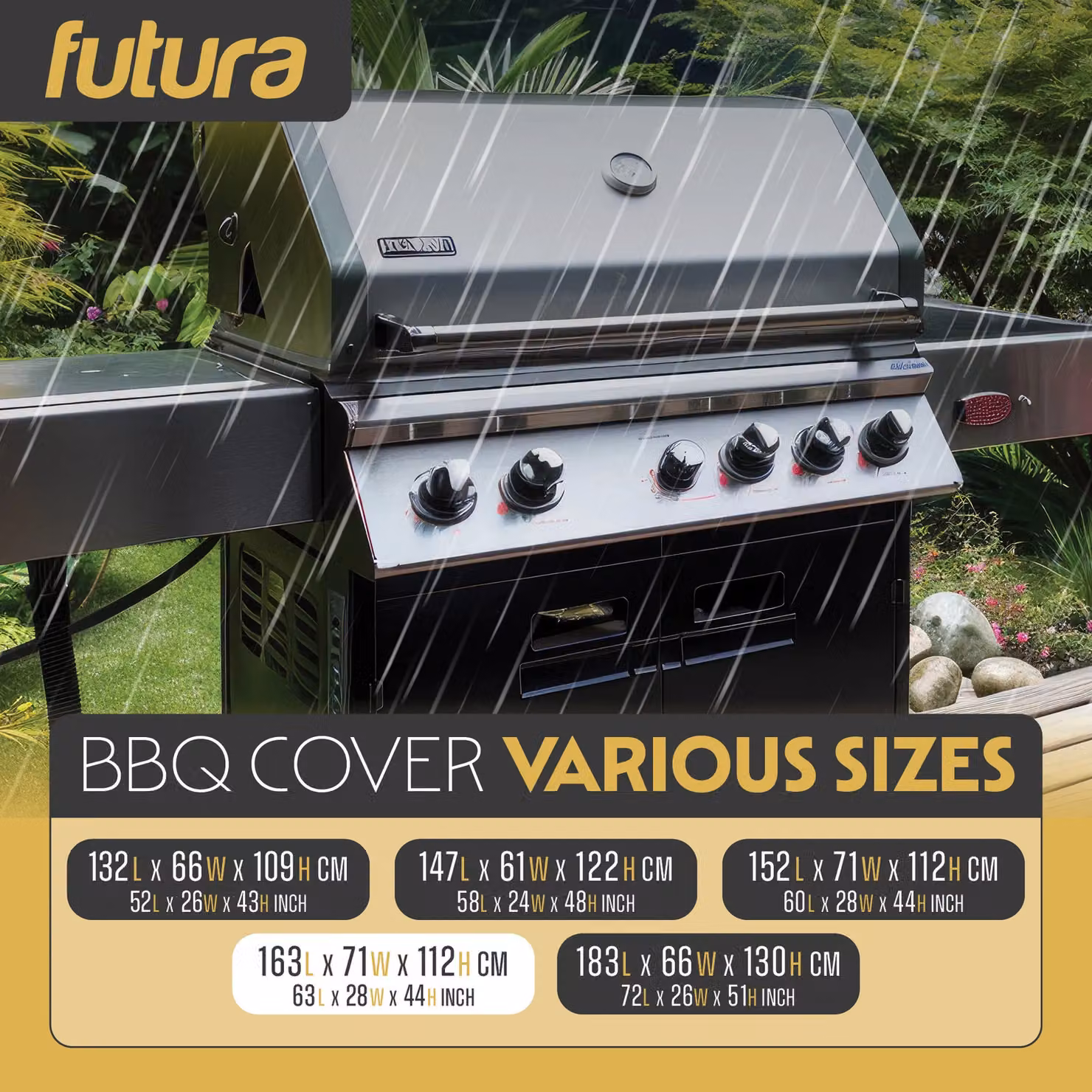 Futura Waterproof Heavy Duty BBQ Cover for Gas and Charcoal Grills, Black, W/D/H: 163 x 71 x 112 cm – 6