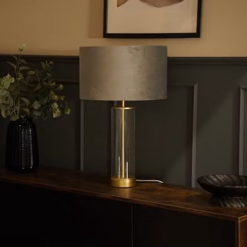 ValueLights Balan Glass and Gold Metal Table Lamp with Grey Fabric Drum Shade – 2