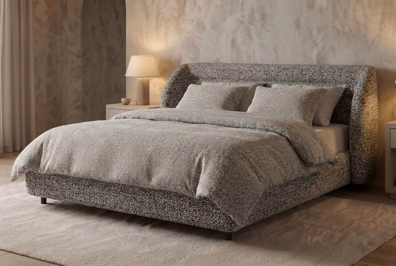 Araco Atelier Drift Upholstered Bed in Beige and Grey Abstract Fabric