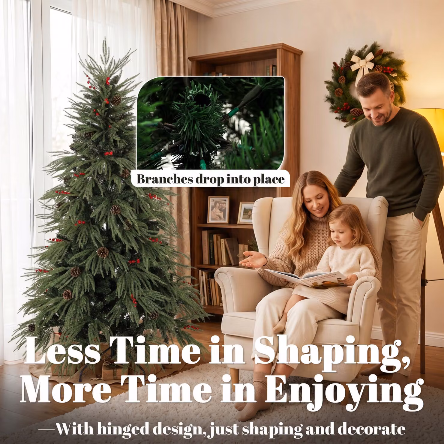HOMCOM 6ft Green Artificial Christmas Tree with Pinecones, Red Berries and 2843 Branch Tips – 5