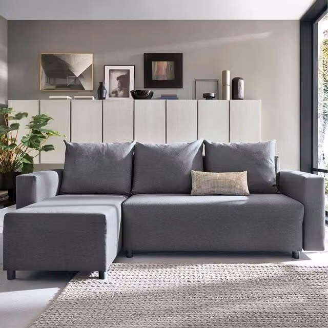 Abakus Direct Oslo Reversible L-Shape Corner Sofa Bed in Dark Grey Fabric with Sleeping Function and Scatter Cushions