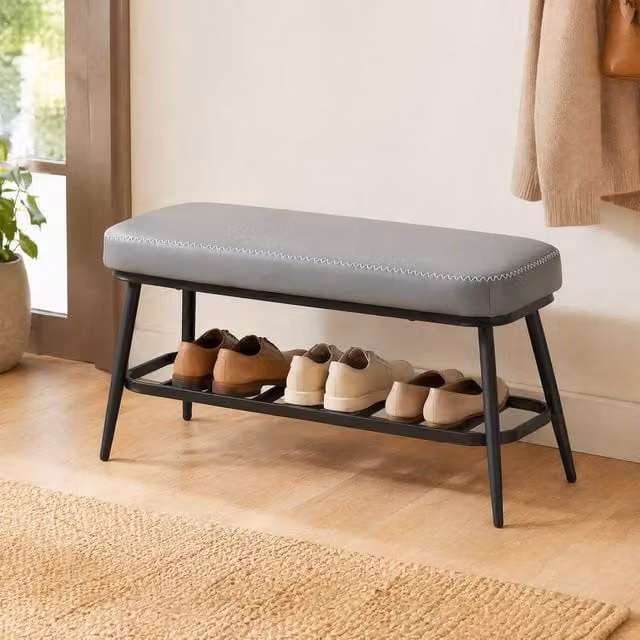 STILVORA Shoe Storage Bench with Shelf in Grey PU Leather, W/D/H: 120 x 45 x 82 cm – 1