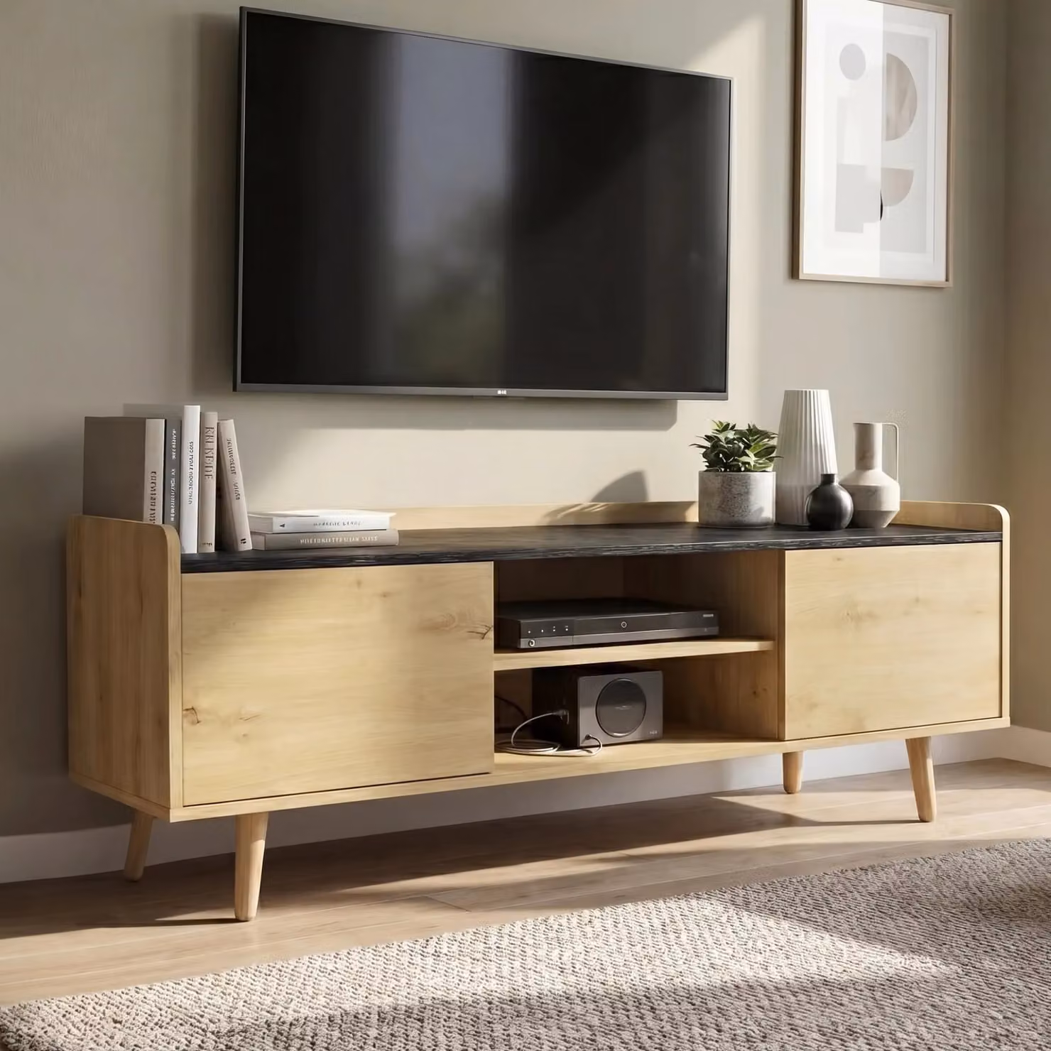 DHS Larvik Modern TV Unit with Storage in Black and Brown, W: 140 cm, D: 40 cm, suitable for TVs up to 55 inches