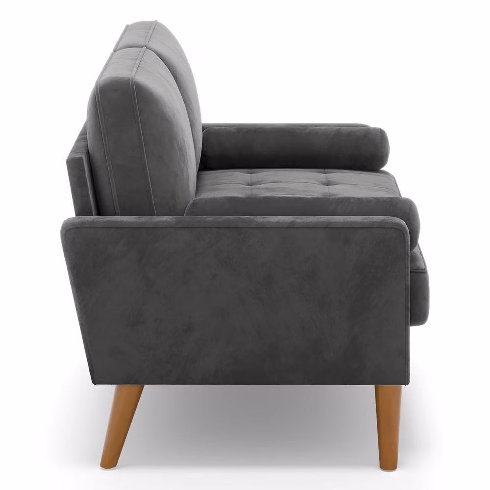 Dprodo Grey Velvet Love Seat Couch with 2 Scatter Cushions and Solid Wood Frame, Width: 121 cm – 5