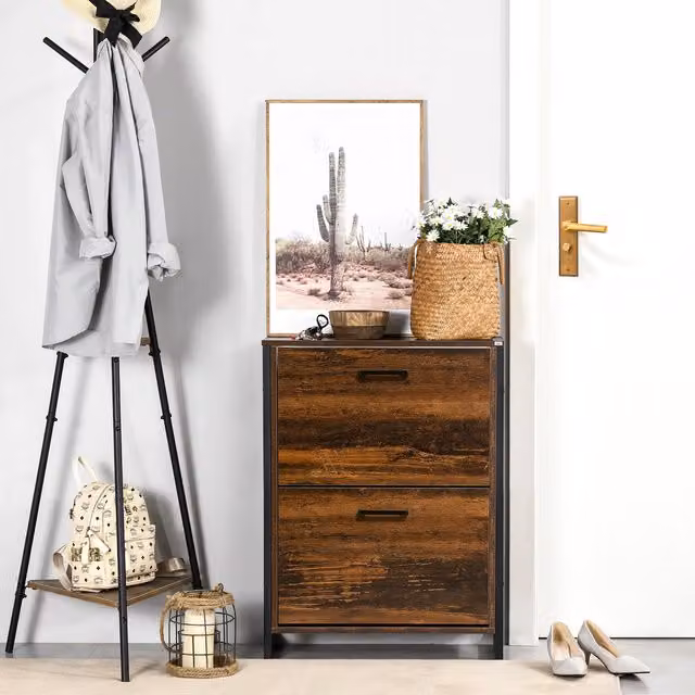 HOMCOM Industrial Narrow Shoe Cabinet in Brown with 2 Doors and 2 Drawers – 1