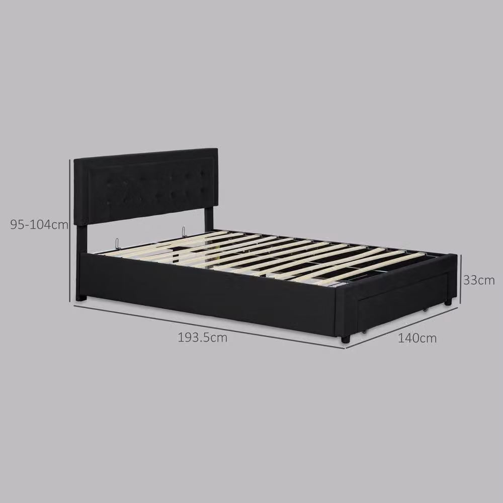 ERGOVEXA Black Velvet Double Ottoman Bed Frame with Lift Up Base and Front Drawer, W: 140 cm, D: 190 cm, H: 104 cm – 2